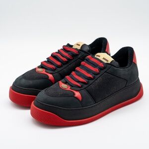 size 10.5G 11 US Gucci Double Screener GG Black Red Canvas Suede Chunky Sneakers